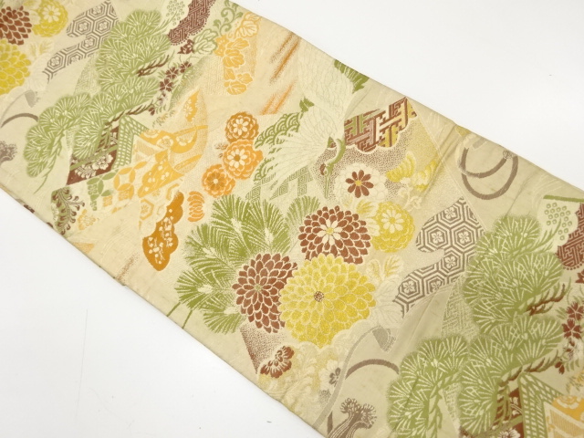 アンティーク　鶴に菊・若松・古典柄織り出し丸帯（材料）